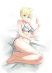  absurdres ahoge artoria_pendragon_(all) bikini braid breasts cleavage fate/stay_night fate_(series) food french_braid front-tie_bikini front-tie_top green_eyes highres jilu lying medium_breasts navel on_side popsicle saber solo strap_gap striped striped_bikini swimsuit thighs white_background 