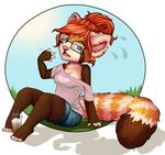  4_fingers anthro barefoot blue_eyes eyewear female fur glasses hair mammal orange_fur orange_hair pink_nose red_panda robyn_paperdoll solo 