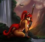  anthro avian bare_back bird braided_hair breasts detailed_background equine eyelashes female hair holding_object holding_weapon horse mammal melee_weapon nude outside polearm red_hair robyn_paperdoll smile spear water waterfall weapon 