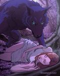  2015 absurd_res anthro blue_eyes brown_hair canine clothed clothing detailed_background digital_media_(artwork) digitigrade duo eyes_closed female forest fur glowing glowing_eyes hair hi_res human interspecies long_hair lying male male/female mammal nature nude outside purple_fur strawberryloveu tree were werewolf wolf 
