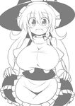  :d apron blush braid breasts curvy greyscale hat highres impossible_clothes kirisame_marisa large_breasts lifted_by_self long_hair looking_at_viewer miniskirt monochrome open_mouth rindou_(p41neko) short_sleeves side_braid single_braid skirt skirt_lift smile solo teeth touhou turtleneck vest waist_apron witch_hat 