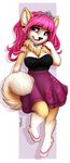  anthro barefoot blakc_nose breasts canine dog ear_piercing female fur hair mammal piercing pink_hair purple_eyes robyn_paperdoll simple_background smile solo tan_fur 