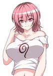 alternate_costume bangs bare_shoulders breasts closed_mouth collarbone commentary highres kagi_f large_breasts looking_at_viewer navel off-shoulder_shirt pink_eyes pink_hair saigyouji_yuyuko shirt short_sleeves smile solo touhou upper_body white_shirt 