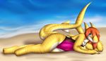  anthro beach beach_background butt clothing feline female fin fish hair invalid_color invalid_tag koekoek looking_at_viewer mammal marine melanie one-piece_swimsuit one_piece red_hair sand sea seaside shark shark_girl swimsuit tiger tiger_shark water wave wide_hips 