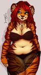 anthro brown_nose clothed clothing ear_piercing eyelashes facial_piercing feline female green_eyes hair jewelry lip_piercing mammal midriff navel necklace piercing red_hair robyn_paperdoll smile solo tiger wide_hips 