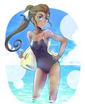  blue_eyes blue_sky brown_hair cloud commentary competition_school_swimsuit dark_skin day hair_ribbon iesupa ilia_amitola long_hair one-piece_swimsuit ponytail rescue_buoy ribbon rwby sky solo spots swimsuit wading water wet 