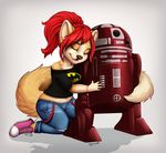  5_fingers anthro brown_nose canine clothed clothing duo ear_piercing eyebrows eyes_closed female fox fur hair machine mammal piercing red_hair robot robyn_paperdoll simple_background smile tan_fur wide_hips 