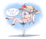  bikini blue_eyes cherry cup drink drinking_glass english food fruit hair_between_eyes hat heart hibiki_(kantai_collection) in_container in_cup kantai_collection long_hair open_mouth oversized_object plantar_flexion silver_hair sitting sitting_on_object solo speech_bubble spoken_heart swimsuit twitter_username white_bikini yaosera 