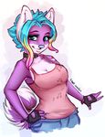  5_fingers anthro blue_eyes blue_hair blue_nose breasts canine clothed clothing collar dog eyebrows eyelashes female fingerless_gloves gloves hair mammal robyn_paperdoll simple_background smile white_background 