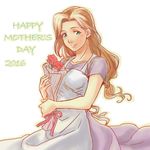  2016 apron bound brown_hair dress eyebrows_visible_through_hair flower fullmetal_alchemist green_eyes kumaon_nyamusasu long_hair looking_at_viewer mother's_day purple_dress simple_background smile solo text_focus tied_hair trisha_elric white_background 