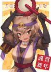  1girl 2019 animal_ears blush boar_ears bow bowtie brown_eyes brown_hair chinese_zodiac choker commentary_request drum elbow_gloves eyebrows_visible_through_hair gloves guchico hands_above_head headband instrument kemono_friends light_brown_hair multicolored_hair pig_nose ryukyu_boar_(kemono_friends) short_hair short_sleeves solo translation_request upper_body year_of_the_pig 