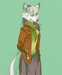  anthro belt canine capree clothed clothing ear_markings facial_markings female fox fully_clothed fur grey_hair hair hands_behind_back jacket long_hair looking_aside mammal markings scarf simple_background skirt smile smirk solo standing unbuttoned white_fur yellow_eyes 