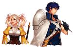  1girl armor blonde_hair blue_eyes blue_hair brother_and_sister cape dress fire_emblem fire_emblem:_kakusei gloves highres krom liz_(fire_emblem) long_sleeves pauldrons siblings simple_background smile sword tildeed weapon white_background 