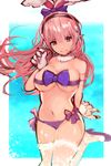  animal_ears blush breasts bunny_ears bunny_girl cleavage commentary_request fake_animal_ears headphones highres large_breasts long_hair looking_at_viewer navel nitroplus pink_eyes pink_hair ribbon smile solo super_sonico swimsuit tarbo_(exxxpiation) 