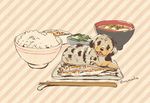  chopsticks dog food miso_soup mojacookie no_humans plate sardine signature striped striped_background 