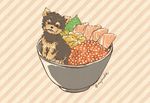  artist_name bowl dog food ikura_(food) leaf mojacookie no_humans roe sashimi signature striped striped_background twitter_username yorkshire_terrier 