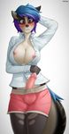  2016 anthro blue_hair blush breasts bulge button_(fastener) clothed clothing dickgirl english_text erection glans hair hi_res humanoid_penis intersex mammal marblesoda multicolored_hair nipples open_shirt penis precum purple_eyes purple_hair shirt shorts signature simple_background solo text uncensored white_background 