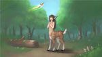  16:9 2016 antlers arthropod blue_sky breasts brown_hair butterfly cervine day deer deertaur detailed_background digital_media_(artwork) female flat_chested forest fur green_eyes hair hi_res horn insect long_hair looking_up mammal nature navel nipples nude open_mouth outside paintrfiend sky solo spots spotted_fur taur tree 