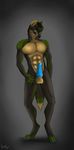  2016 abs animal_genitalia animal_penis anthro balls black_hair black_nose blue_penis brown_fur canine canine_penis cinta clenched_teeth erection fur green_fur green_hair grey_background grey_fur hair hand_on_thigh knot male mammal multicolored_fur muscular penis simple_background solo standing teeth wolf 
