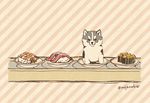  conveyor_belt_sushi dog food husky mojacookie no_humans plate striped striped_background sushi 