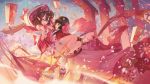  2girls black_hair brown_hair character_request criin demon demon_girl flower highres horns long_hair multiple_girls onmyoji onmyouji pointy_ears red_eyes short_hair 