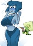  2girls :3 blue_skin blushmallet breasts erect_nipples green_skin lapis_lazuli_(steven_universe) large_breasts peridot_(steven_universe) steven_universe water_gun 