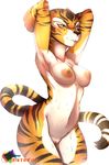  amber_eyes anthro areola black_nose black_stripes casual_nudity feline female fur hand_behind_head hi_res kung_fu_panda mammal master_tigress navel nipples nude orange_fur pussy rainbowscreen simple_background smile solo striped_fur stripes tiger whiskers white_background wide_hips 