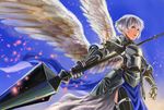  abs_(ebisuzc94rghw) armor black_legwear blue_eyes chinese_zodiac cowboy_shot day embers feathers gauntlets holding holding_weapon lance looking_to_the_side open_mouth original pelvic_curtain polearm short_hair sky solo thighhighs weapon white_hair wings year_of_the_rooster 
