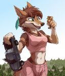  anthro barefoot brown_fur canine cervine claws clothed clothing duo ear_piercing forest fur green_eyes macro mammal midriff navel pants piercing sky smile tirrel tree truck vehicle wolf 