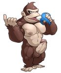  2017 anthro ape balls banana barefoot brown_fur donkey_kong_(character) donkey_kong_(series) erection food fruit fur gorilla hair humanoid_penis maldu male mammal muscular muscular_male nintendo nipples nude open_mouth pecs penis precum primate smile solo video_games 