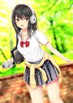  black_hair blush breasts brick_wall cellphone clothes_around_waist collarbone headphones highres kurokami_(kurokaminohito) long_hair medium_breasts open_mouth original phone plaid plaid_skirt school_uniform shirt skirt smartphone smile sweater_around_waist t-shirt thighs uniform yellow_eyes 