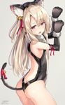  animal_ears arm_up ass back_cutout bare_shoulders bell black_leotard blonde_hair blush butt_crack cat_ears cat_tail center_opening cowboy_shot elbow_gloves fake_animal_ears fake_tail fate/kaleid_liner_prisma_illya fate_(series) from_side gloves grey_background illyasviel_von_einzbern jingle_bell leotard long_hair looking_at_viewer open_mouth paw_gloves paws red_eyes red_ribbon ribbon rin_yuu signature simple_background solo tail tail_bell tail_ribbon twitter_username white_hair 