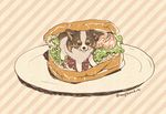  dog food lettuce meat mojacookie no_humans plate sandwich signature striped striped_background 