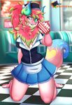  anthro beverage breasts clothing costume diner dragon female fluffy horn lotus rainbowscreen soda sweater talons teeth uniform waitress_outfit 