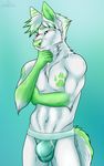  2017 5_fingers absurd_res anthro arczero bulge canine cinta clothed clothing eyebrows fur gloves_(marking) green_eyes green_fur green_hair green_nose hair heterochromia hi_res male mammal markings multicolored_fur multicolored_hair muscular pondering pose red_eyes scar simple_background solo standing stripes tattoo thinking tight_underwear topless underwear white_fur white_hair wolf 