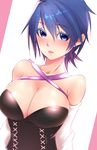  aqua_(kingdom_hearts) bangs bare_shoulders blue_eyes blue_hair blush breasts cleavage colored_eyelashes detached_sleeves eyebrows_visible_through_hair hair_between_eyes kingdom_hearts kingdom_hearts_birth_by_sleep large_breasts long_sleeves looking_at_viewer short_hair solo tamaki_(tmk-poison) 