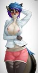  2016 anthro blue_hair blush breasts bulge button_(fastener) clothed clothing dickgirl english_text hair hi_res intersex mammal marblesoda multicolored_hair nipples open_shirt purple_eyes purple_hair shirt shorts signature simple_background solo teeth text white_background 