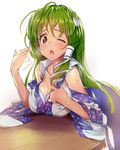  aqua_bra bare_shoulders blush bra breasts cleavage detached_sleeves eyebrows_visible_through_hair fanning_face frog_hair_ornament green_eyes green_hair hair_ornament hair_tubes hot kochiya_sanae large_breasts long_hair matsuda_(matsukichi) one_eye_closed open_mouth simple_background snake_hair_ornament solo strap_slip table touhou underwear upper_body 