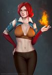  blue_eyes breasts elbow_gloves fire gloves hair_bun hand_on_hip jewelry large_breasts looking_at_viewer magic midriff navel necklace red_hair solo the_witcher triss_merigold ynorka_chiu 