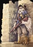  badge belt bird brick_wall english firearm gun helmet holding holding_weapon kurio looking_at_viewer new_year no_humans original owl plaid solo weapon 