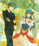  1boy 1girl alternate_costume aqua_hair bare_shoulders blue_eyes bouquet bride brother_and_sister choker crossed_arms dress dutch_angle eirika ephraim fire_emblem fire_emblem:_seima_no_kouseki flower formal green_eyes holding ichiyou_(kazuha1003) looking_at_viewer neck nintendo off-shoulder_dress orange_choker petals serious siblings sidelocks smile standing suit tuxedo wedding_dress white_dress 