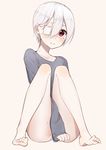  3: ass bandages bangs barefoot beige_background between_legs blush closed_mouth covering covering_crotch eyebrows_visible_through_hair eyepatch feet full_body grey_shirt hair_between_eyes hand_between_legs highres knees_together_feet_apart long_sleeves looking_at_viewer mole mole_on_thigh mole_under_eye original red_eyes shirt short_hair silver_hair simple_background sitting solo the_cold thighs 