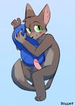  2016 4_fingers anthro blue_background blush brown_fur cat countershading dosent erection feline fur green_eyes hi_res holding_object humanoid_penis inner_ear_fluff lying male mammal penis pillow simple_background solo 