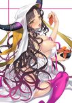 akishima_kei bad_id bad_pixiv_id bangs black_hair blush bowl breasts eating fate/grand_order fate_(series) food from_side holding holding_bowl holding_food horns large_breasts long_hair looking_at_viewer nipples open_mouth parted_bangs purple_legwear revealing_clothes sesshouin_kiara sitting smile thighhighs thighs veil very_long_hair wariza wavy_hair yellow_eyes 