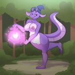  anthro breasts dragon female forest hat hi_res horn komponi looking_at_viewer magic mostly_nude nipples outside pussy scalie smile solo standing tree witch_hat 