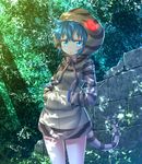  aqua_hair blue_eyes blush bow brown_bow cracked_wall dappled_sunlight eyebrows_visible_through_hair forest hands_in_pockets highres hood hoodie kakutasu_(akihiron_cactus) kemono_friends light_rays looking_at_viewer nature parted_lips snake_tail solo stone_wall striped_hoodie sunbeam sunlight tail tsuchinoko_(kemono_friends) wall 