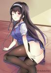  ;) ass bangs black_hair black_legwear blush breasts closed_mouth eyebrows_visible_through_hair hairband indoors kaetzchen kasumigaoka_utaha large_breasts long_hair looking_at_viewer md5_mismatch no_shoes on_floor one_eye_closed pantyhose pantyhose_pull pulled_by_self red_eyes saenai_heroine_no_sodatekata school_uniform smile solo sweater_vest tile_floor tiles very_long_hair white_hairband 