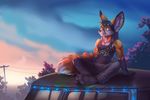  anthro barefoot blakc_hair canine clothed clothing day detailed_background ear_piercing eyewear fennec fox glasses koul male mammal outside piercing sitting sky smile solo 