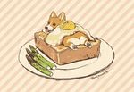 asparagus dog food fried_egg looking_back mojacookie no_humans sploot striped striped_background toast tongue tongue_out welsh_corgi 