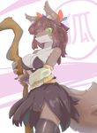  2017 abstract_background anthro big_breasts breasts canine cecily_lin clothed clothing ear_tuft female fox fur green_eyes hair kemono legwear looking_at_viewer mammal skimpy skirt smile solo staff text tuft 